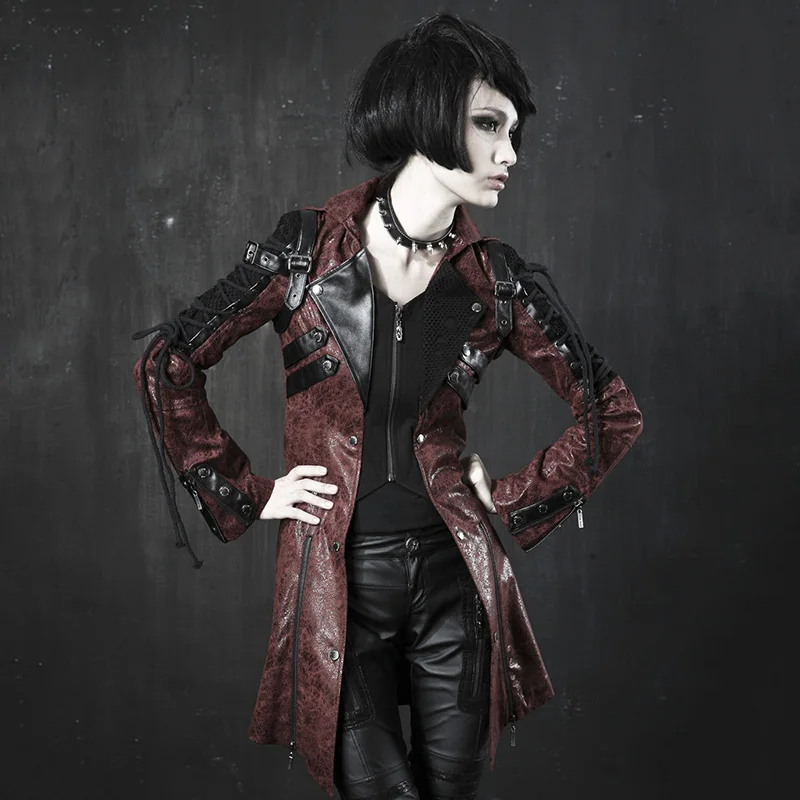 Готические винтажные длинные пальто из искусственной кожи для женщин в стиле стимпанк, осенне-зимняя куртка с резиновым рукавом в стиле панк, модные ветровки - Цвет: Red