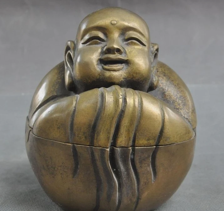 

Old Chinese Buddhism pure Bronze Monk Buddha statue Incense burner Box Boxes