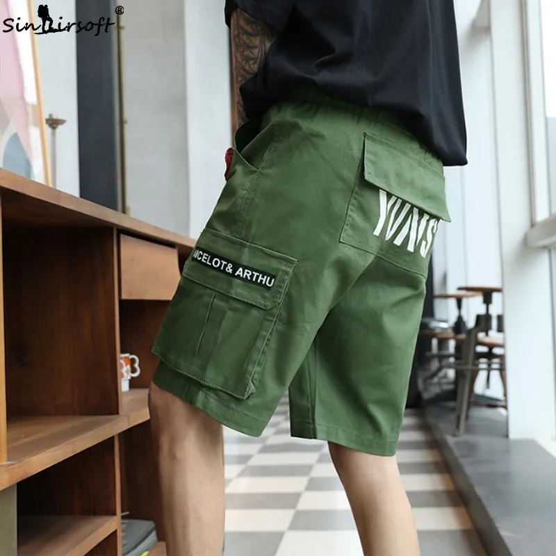 S-3XL Cotton Straight Stretch Cargo Shorts Men Drawstring Waist Letter Print Shorts Male Side Big Pockets Summer Trousers New