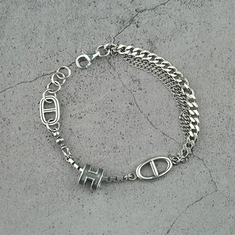 

S925 Silver Jewelry vintage Multiple chain splicing link chain bracelet (YRT)