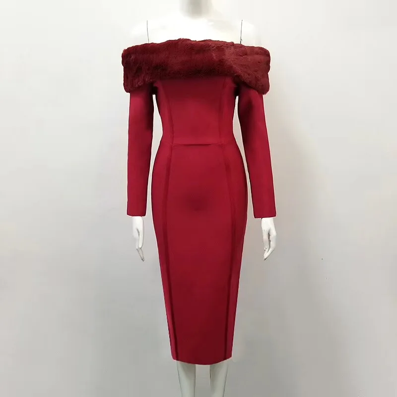 Высокое качество Красный Черный Слэш шеи кожаный меховой воротник вискоза Бандажное платье H вечерние облегающее платье