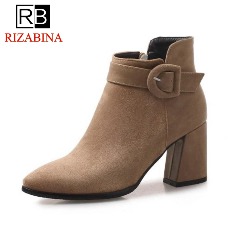 

RIZABINA Size 32-47 Women High Heel Boots Buckle Zipper Pointed Toe Lady Short Boots Korean Elegant Ankle Boots Female Footwear