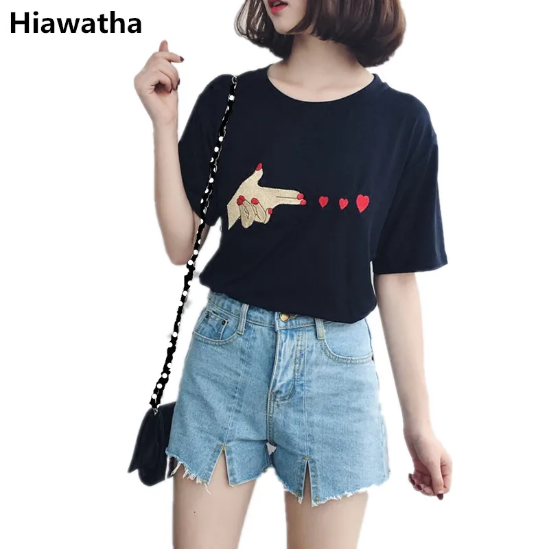 

Hiawatha Summer Love Embroidery T Shirt Women Korean Short Sleeve Loose T-Shirts Fashion Black White Tops Plus Size Tees T026