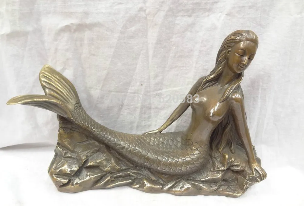 

14" Chinese Bronze Myth Mermaid Marine's Sea-maid Sea-maiden Goddess Fish Statue