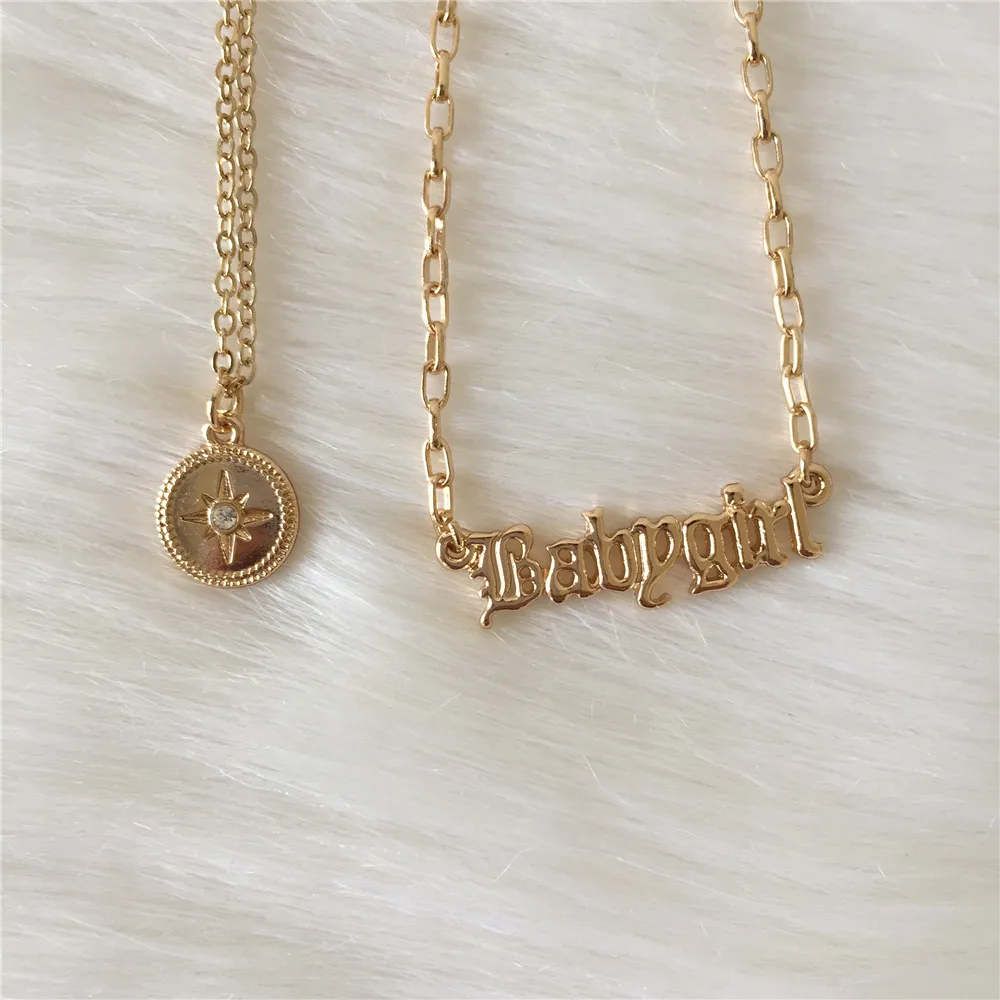 

Fashion jewelry gold color plating old English font BABAYGIRL ROUND DISC PENDANT LAYERED NECKLACE