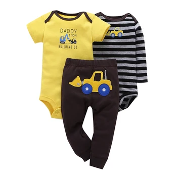 

2019 Baby Boy 3 Pieces Set Yellow Cartoon Short Sleeve+Climbing Striped Full Sleeve Romper+Pants Free Shipping Baby Clothes
