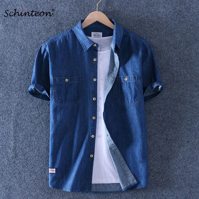 Schinteon Летняя мужская хлопковая рубашка с коротким рукавом тонкая Повседневная джинсовая Удобная рубашка с двумя передними карманами