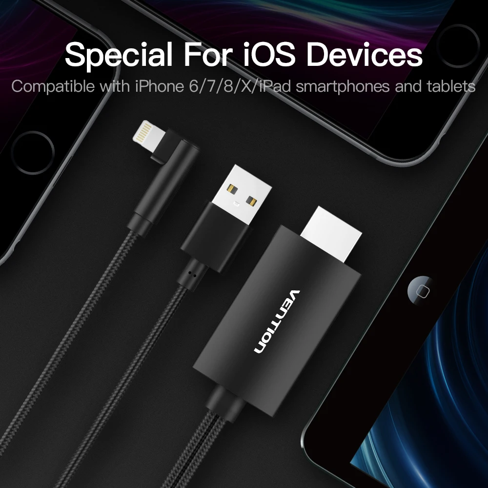 Кабель Vention 8 Pin HDMI для iPhone 6 7 X iPad смартфонов iOS адаптер 1080P конвертер USB ТВ HDTV|Кабели