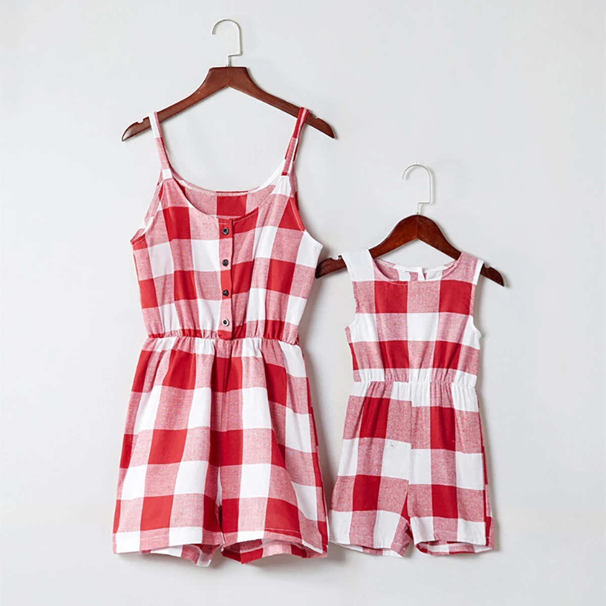 

Mother Daughter Clothes Set Family Matching Outfits Women Kids Toddler Girl Red Plaid Short Romper One-piece Jumpsuit