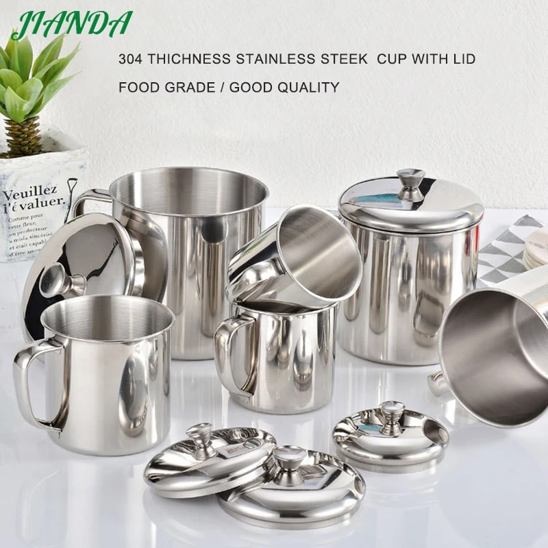 

Food Grade 304 Stainless Steel Coffee Tea Cups Camping Cup Mug Hiking Picnic Drinking Water Cup With Lid & Handle New Arrival
