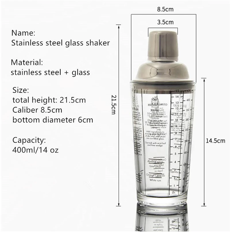 Новая нержавеющая сталь со стеклянным шейкером 400 мл/14 унций весы формула Коктейль Мартини шейкер вечерние барные принадлежности Инструменты для барменов