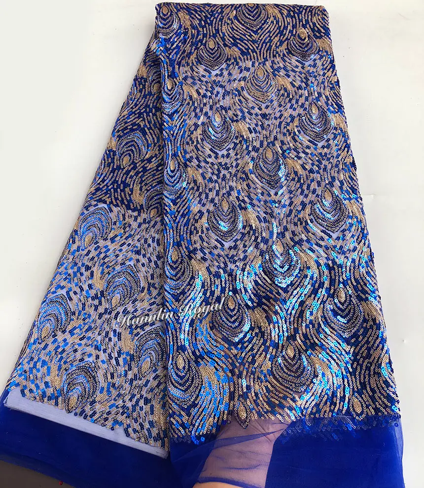

Royal blue Gold 2 Shades Sequins french lace African tulle lace fabric high quality 5 yards per piece