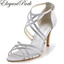 Летние женские босоножки EP11062 серебро открытым носком с перекрестными ремешками на щиколотке на высоком каблуке с кристаллами атласные вечерние платья свадебные туфли цвета слоновой кости