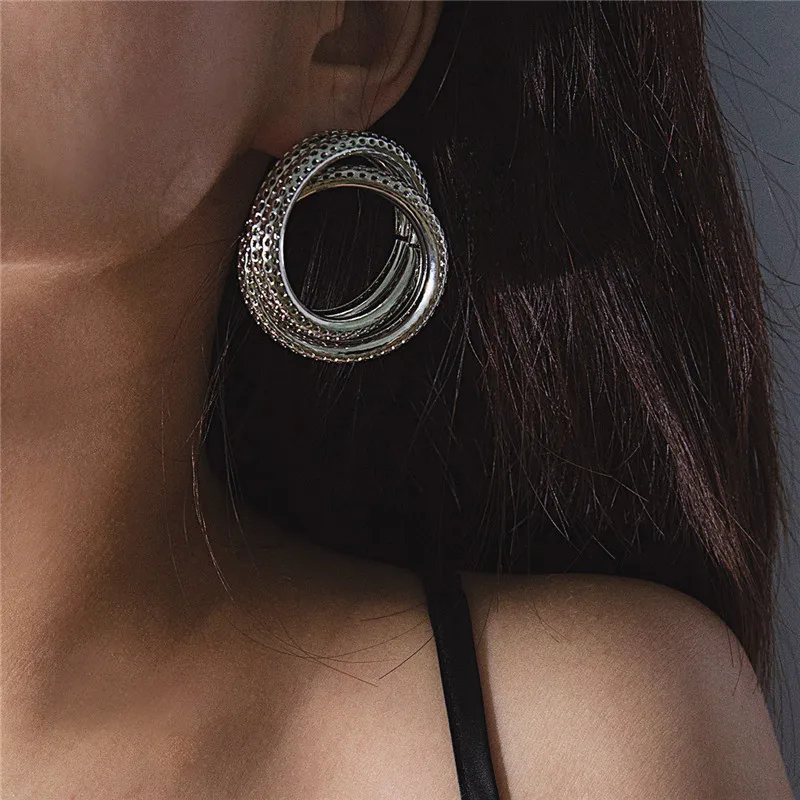 

GIVVLLRY Double Circle Round Stud Earrings Fashion Jewelry Baroque Gold Silver Geometric Statement Earrings for Women