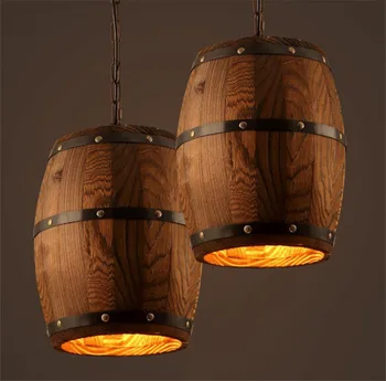 

American Country Loft Wood Wine Barrel Hanging Fixture Ceiling Pendant Lamp E27 Light For Bar Cafe Living Dining Room Restaurant