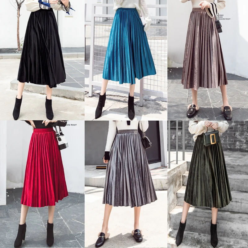 

Women's Vintage Pleated Velour Skirts Girls A-line Solid Velvet Skirt Bottom For Female 2019 Autumn Winter