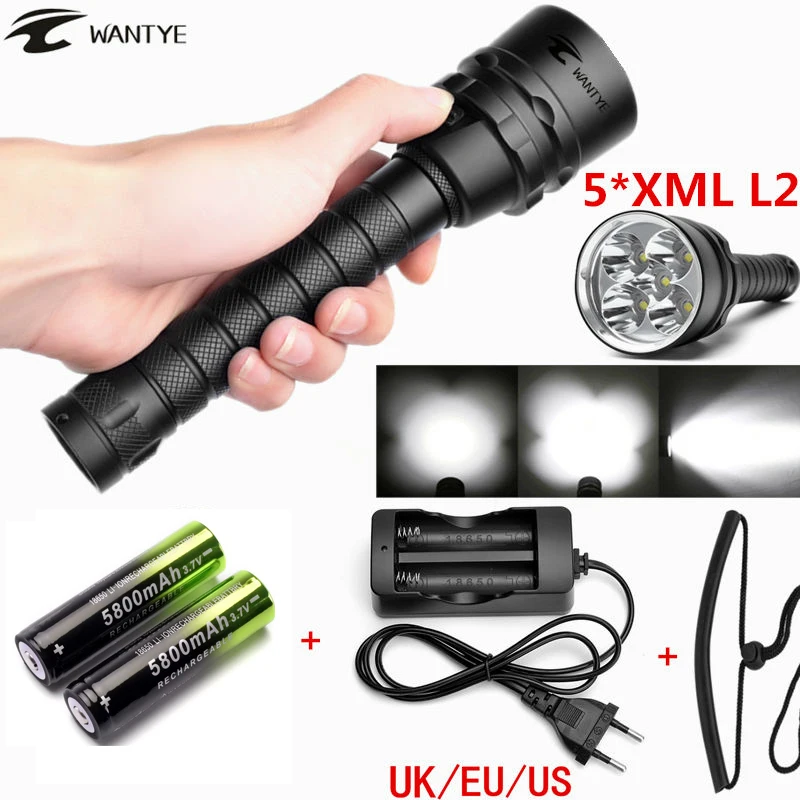 

5x XML-L2 12000lm LED Waterproof Diving Flashlight MagSwitch Diving Torch Lantern LED Flash Light+2x18650 battery+charger