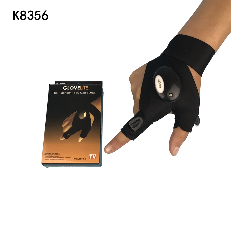 

k8356 Non-slip Breathable Comfortable Led Light Adjustable Cotton Fishing Gloves Bluefish With Strong Flashlight Retail Outdoor