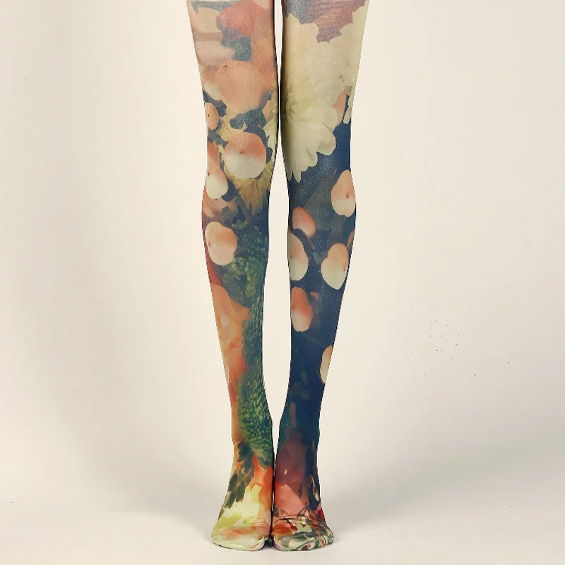 

RUNNING CHICK Chrysanthemum oil painting printed retro women pantyhose wholesales