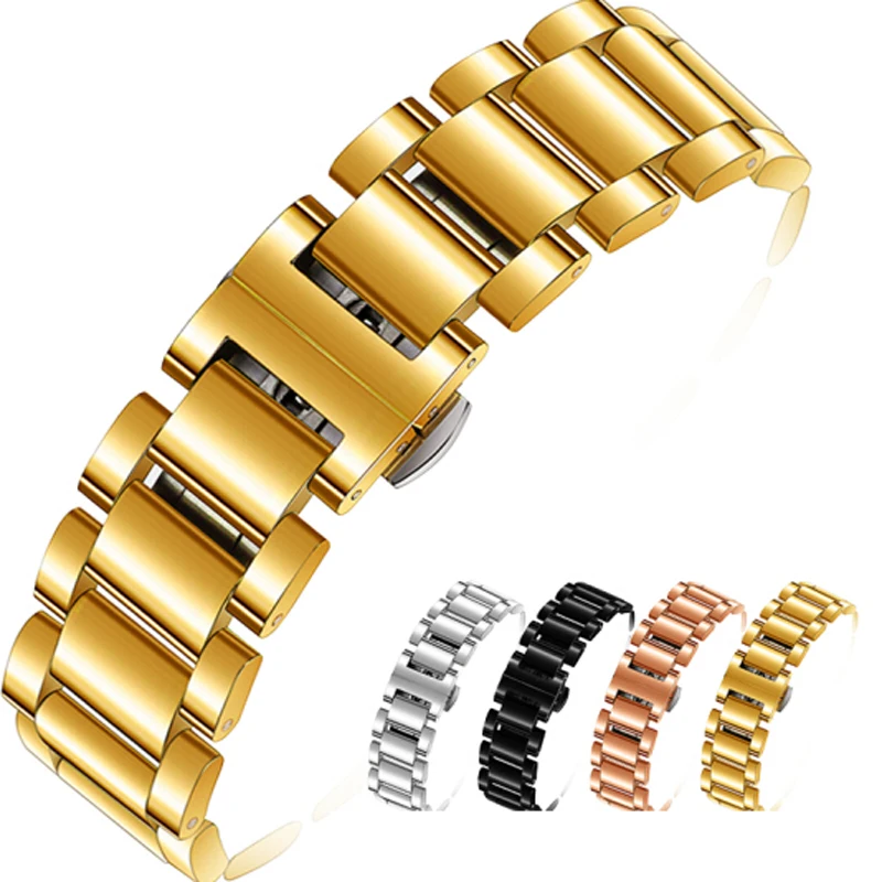 Shihui Metal Strip Solid Stainless Steel Double Butterfly Button Watch Chain Belt Male 18202122MM Full Gold | Наручные часы