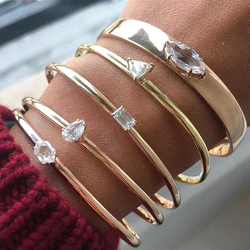 

Simple Female Bracelets Triangle Water Drops Rectangular Geometric Crystal Gold Bracelet Set Lady Charm Wedding Party Jewelry
