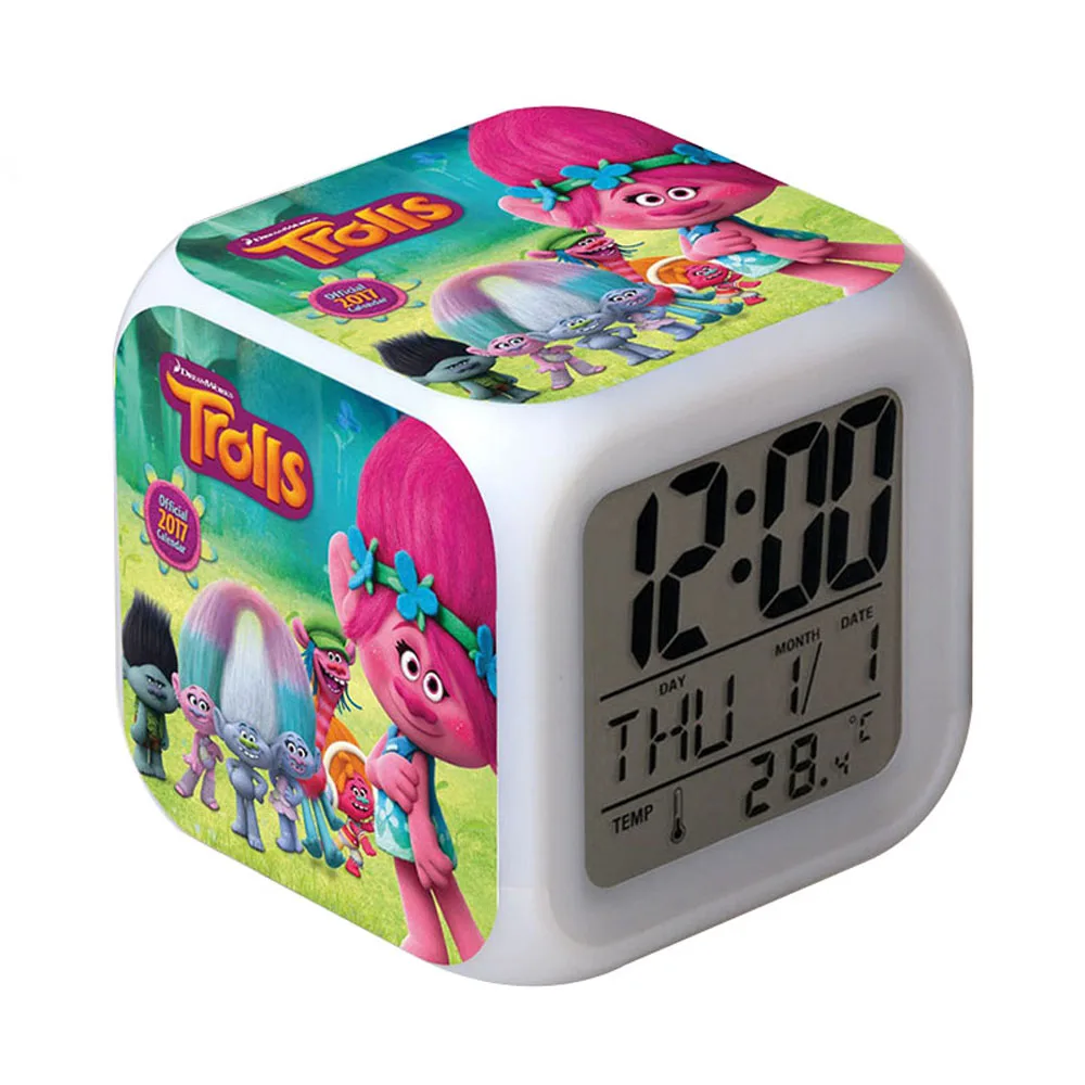 

7 colors change Digital LED Alarm Clock Movie Trolls PVC Action Figures Toys Square Wake up Watch Kids Birthday Xmas Gift Toys