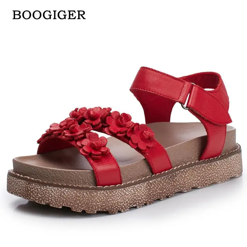 

Designer Women Flower Sandals Red Retro Ladies 5CM High Heel Wedge Sandals Handmade Women Leather Shoes Ankle Strap Sweet Style