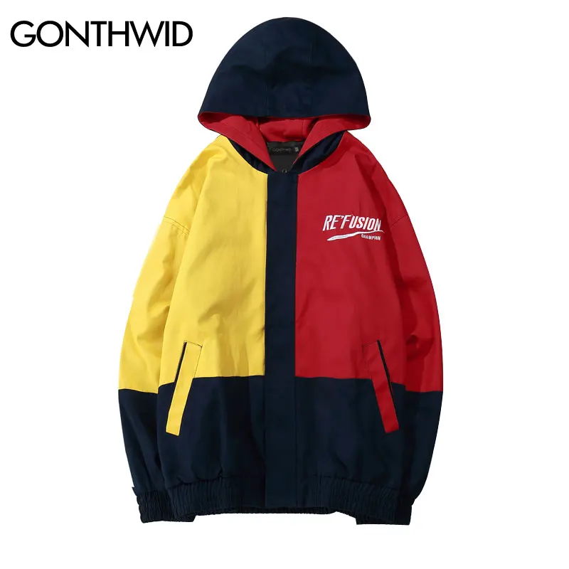 GONTHWID Винтаж цвет блок куртки с капюшоном хип хоп повседневное Полный Zip up Track
