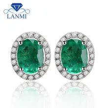 Хорошее ювелирное изделие, твердые серьги из белого золота 14 к, колумбийский изумруд, серьги-гвоздики из 585 золота с бриллиантами и изумрудом на продажу E53