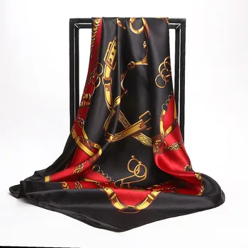 

Summer Silk Scarf Women Print Foulard Satin Square Head Scarves For Ladies Luxury Brand Shawls 90*90 Bandana Large Muslim Hijab