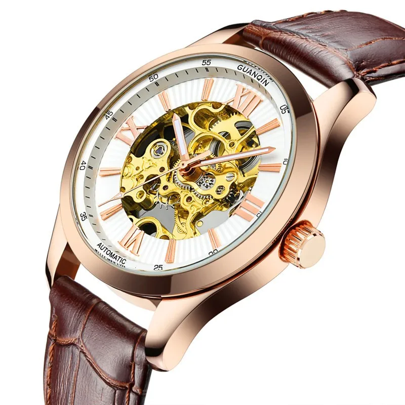 GUANQIN Automatic Mechanical Watches, Luminous Leather Waterproof Men Watch, Skeleton Gold Watch Men High Quality Wristwatches (6)