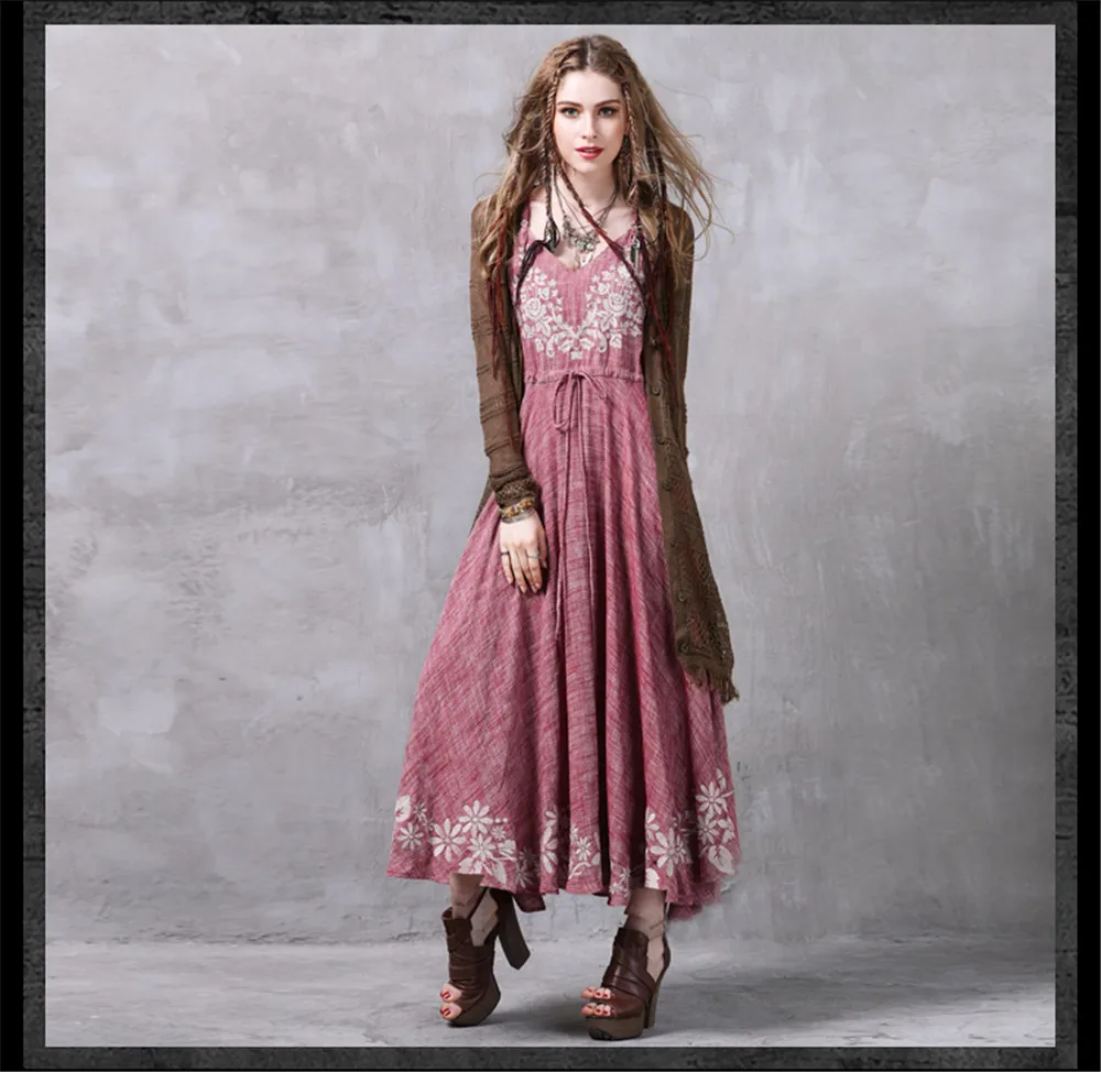 Spaghetti Strap Summer Long Dress 2017 Vintage Embroidery Vestidos Sleeveless Summer Style Tank Dress Femininos Party Dresses (14)