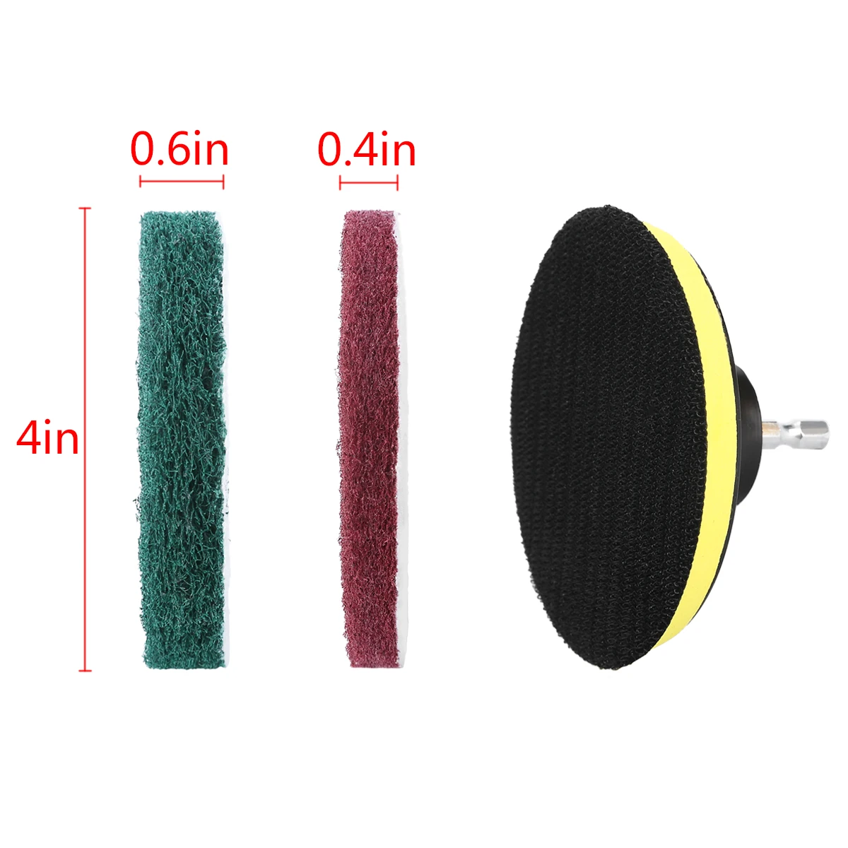 1 set 6pcs Drill Scouring Pads + 6.35mm Hex Rod + 4 inch Sticky Disk Cleaner Sanding Drill Attachment for Tiles Sinks Bathtub