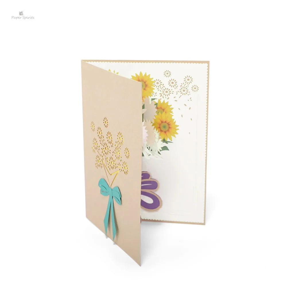  PAPER SPIRITZ laser cut 3D flower bouquet paper pop up card with blank envelope invitations greetin - 32893115829