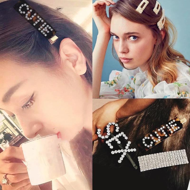 

Trendy Crystal Hair Jewelry Korean Letter Barrettes Headwear for Women Kid Girls Gift Wedding Party Hair Pins and Clips Headwear