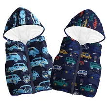 Малыша Одежда для детей; малышей; девочек мальчиков безрукавная Одежда для новорожденных на зиму с принтом в виде машины, с капюшоном Теплый жилет топы JAN14