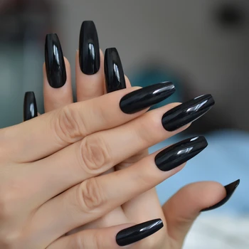 

Classic Extra Long Coffin Nails Pure Black Elegant Shiny Ballet Fake Nails Artificial Acrylic Press On Nails