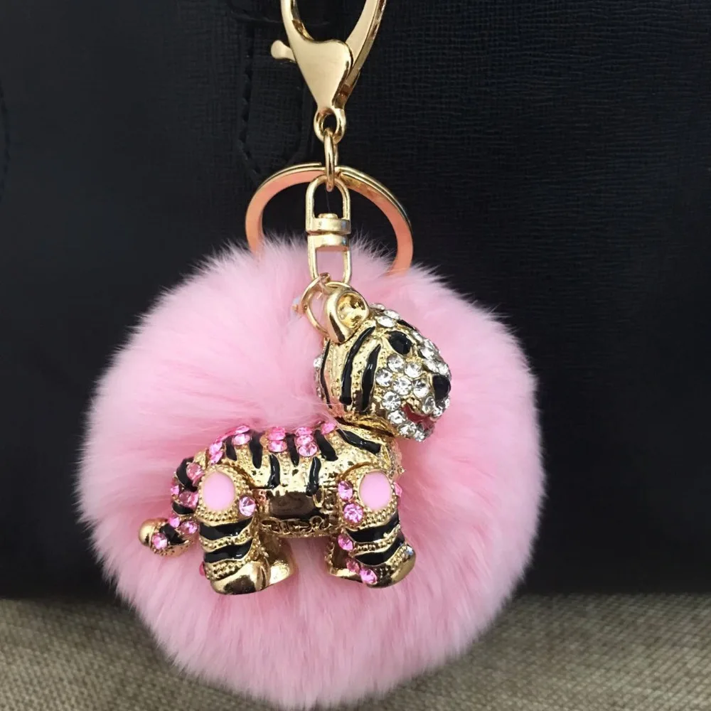 

2017 new trinket fake pompom keychain bunny keychains on bag rabbit fur Keychain fur pom pom charms for bags anime