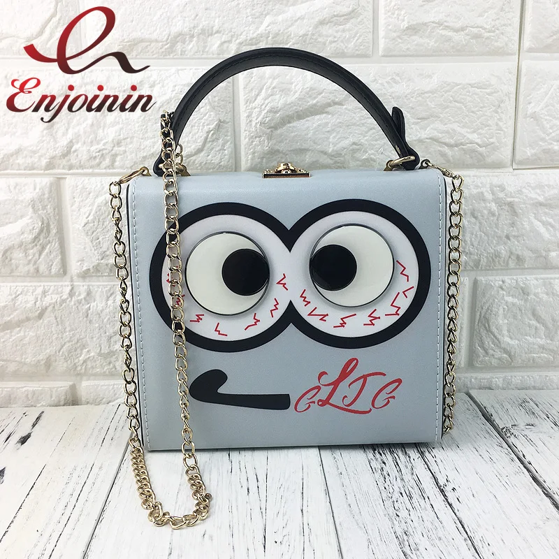 

Cute big eyes character design women box shape handbags cascul ladies shoulder & crossbody bags totes messenger bag grey purse