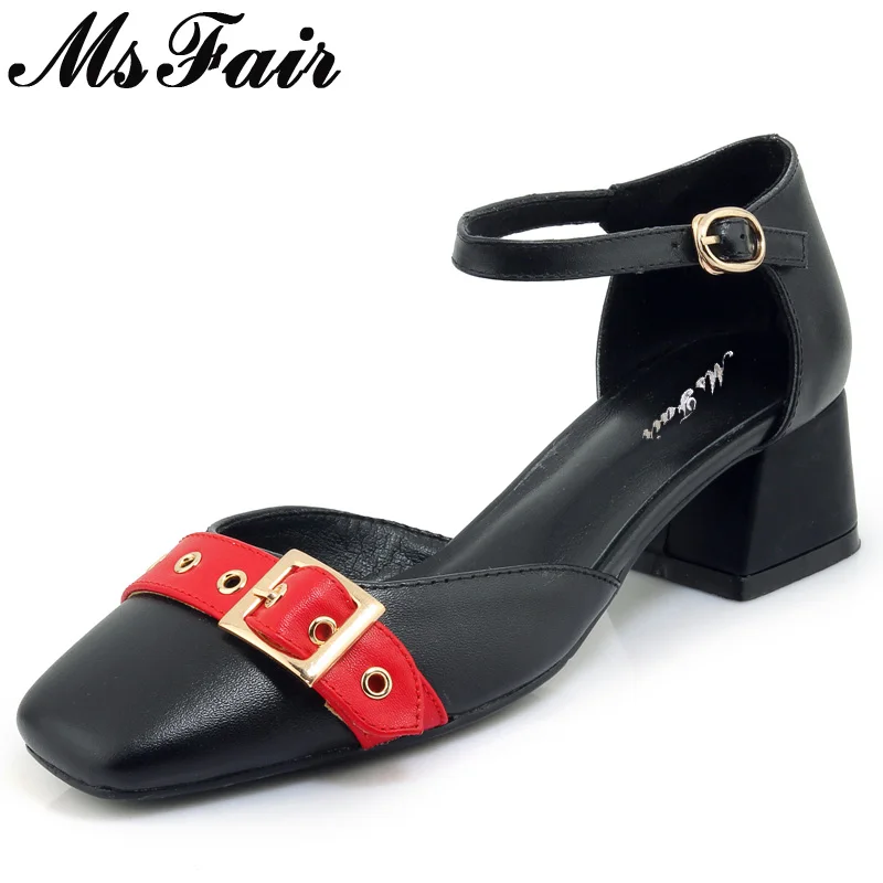 

MsFair Square Toe Square heel Women Sandals Fashion Mixed Colors Med Heel Sandals Summer Metal Decoration Buckle Women's Sandals