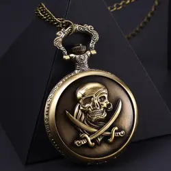 2018 бронза Винтаж античная пиратский череп кварцевые карманные часы Скелет цепочки и ожерелья кулон для Мужские Женские подарки на День