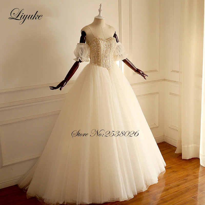 2019 Liyuke Винтаж Великолепный Тюль трапециевидной формы свадебное платье с большим количеством золота бисером кристалл