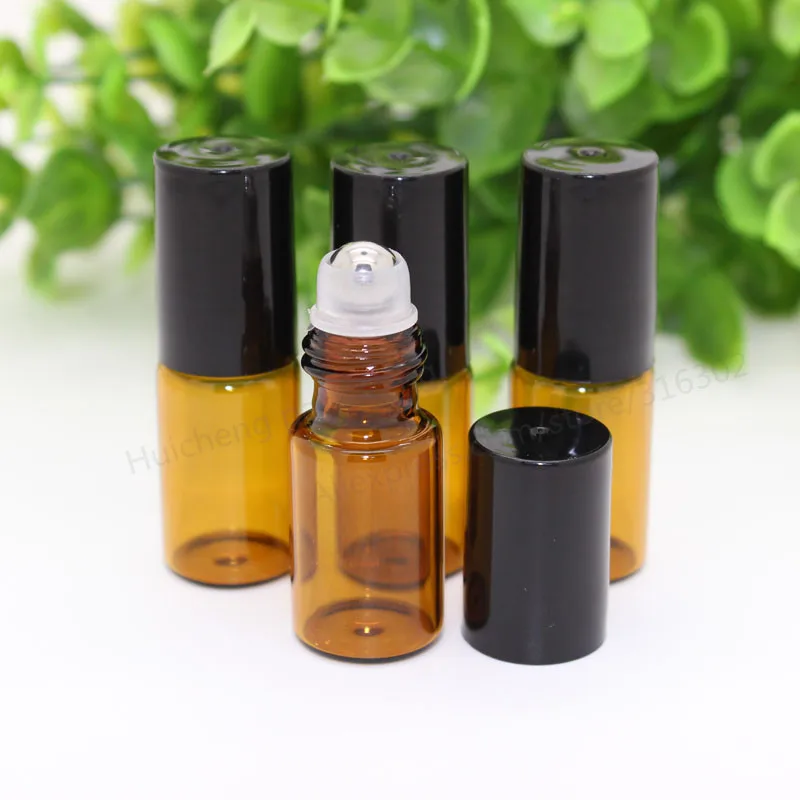 

30 x 3ml Amber roll on roller bottles for essential oils roll-on refillable perfume bottle deodorant containers with black lid