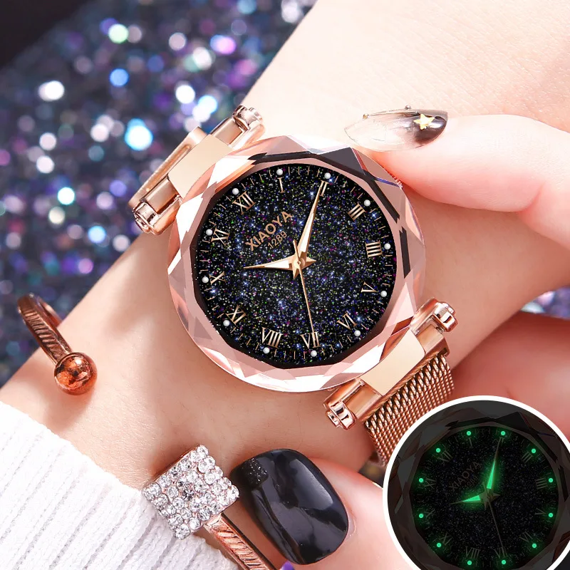 

2019 Luxury Bright Starry Sky Watch Women Fashion Rose Gold Roman numerals Ladies Quartz Clock Magnetic Mesh Female Wristwatch
