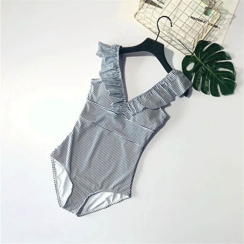 

Women Blue Striped Bikini New Sexy V-Neck One Piece Swimwear High Waisted Padded Bra Ruffles Swimsuit Summer Backless Beachwear