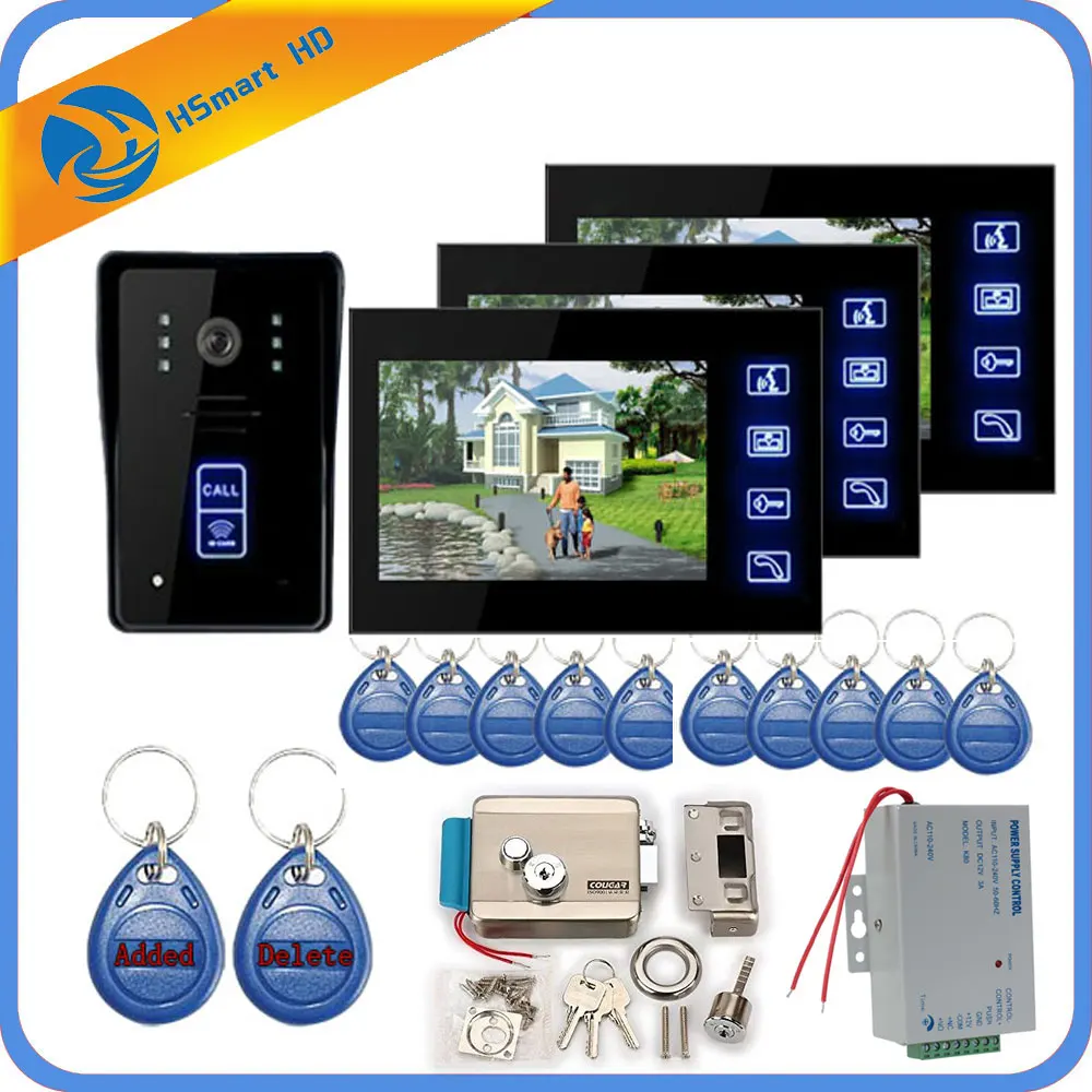 7inch 3 Monitor video door phone intercom system + ID Keyfobs + Electric Lock+Inductive Card Camera + Power Supply+ Door Exit