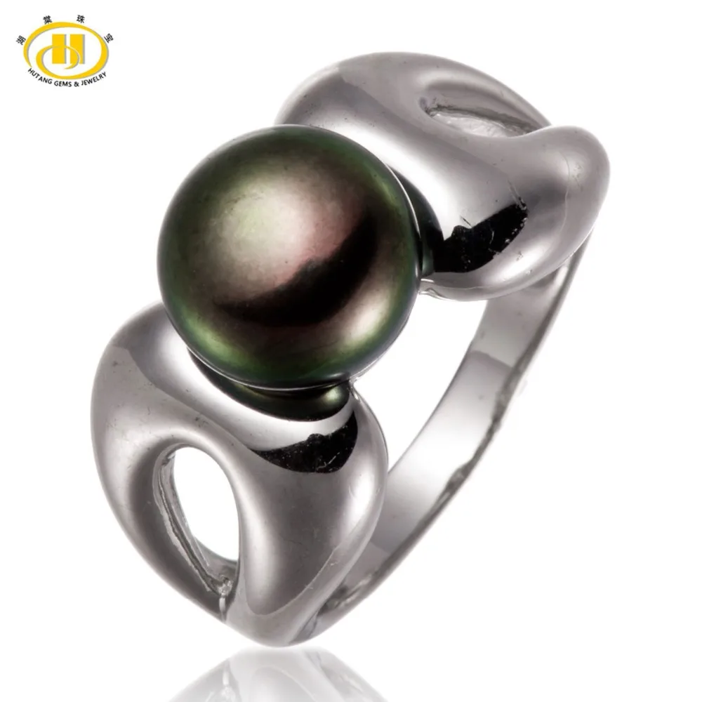 

Hutang Freshwater Black Pearl Solid 925 Sterling Silver Ring for Women's Gift Fine Jewelry (9-9.5mm)