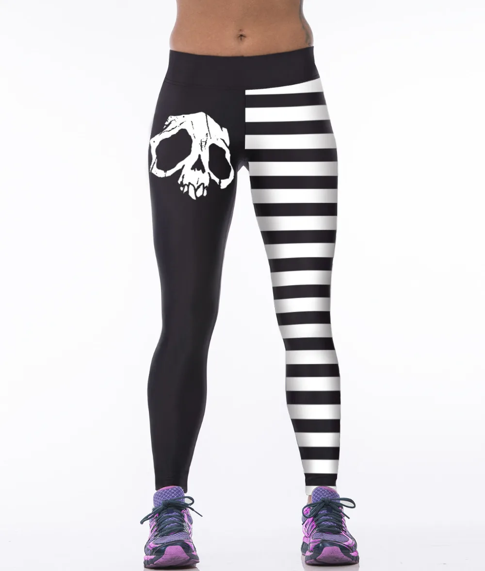 

High Waist Skull Patterned 3D Printed Sexy Sporting Leggings White Black Workout Legging Patchwork Spandex Fitness Pants Women