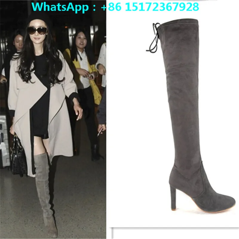 Hot Winter Super Star Over-the-Knee Women Boots High-Heeled Shoes Women Fashion Thin Heels Flock Butterfly-Knot Round Toe Boots