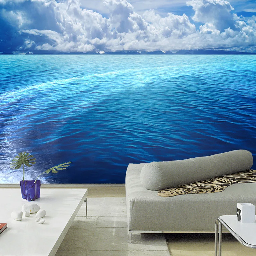Custom 3D Blue Water Mural Wallpaper Roll Waves Sea Surface Scenery